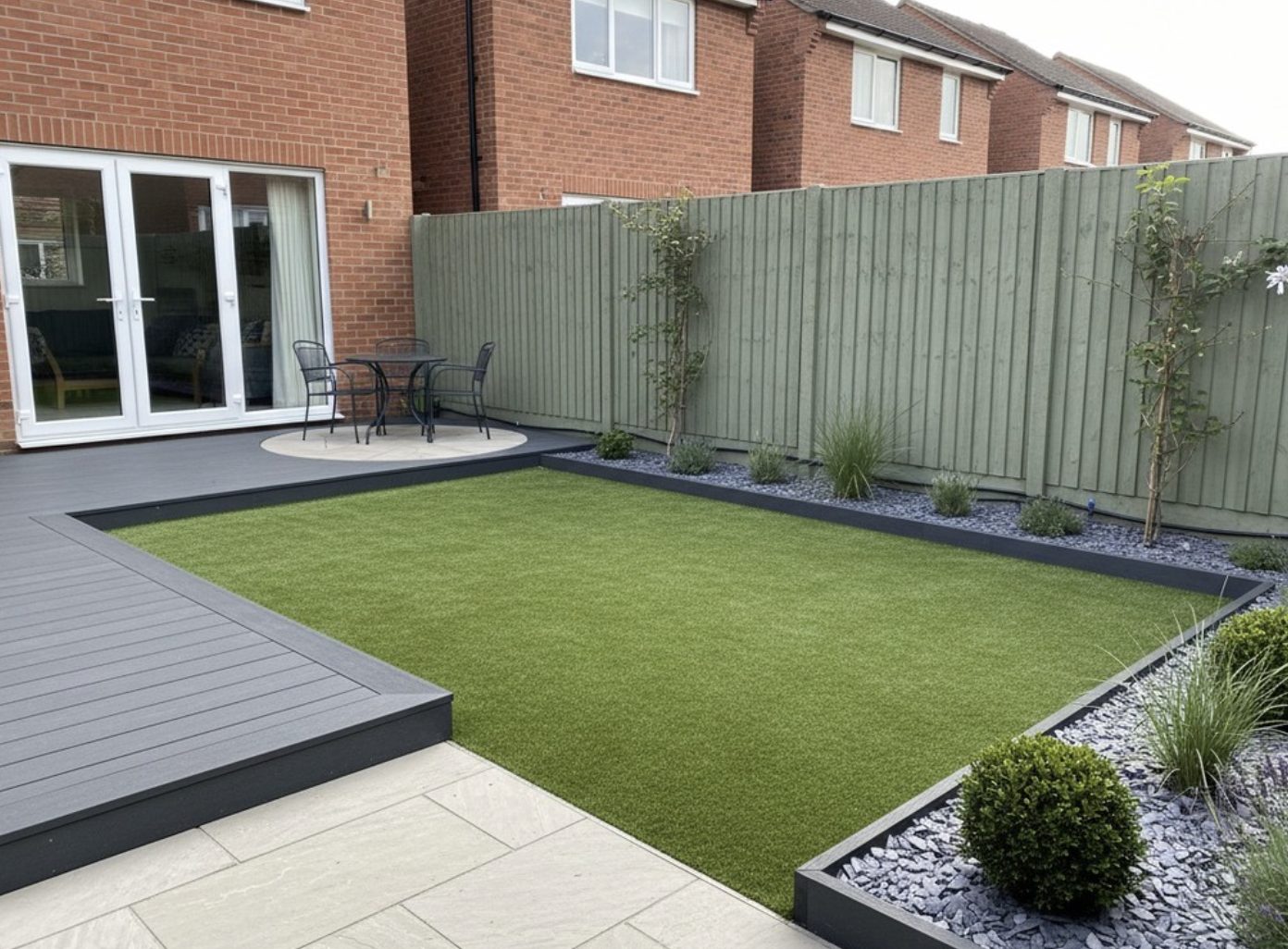 Composite deck stepping down to artificial grass with a sandstone circle and gravel planting