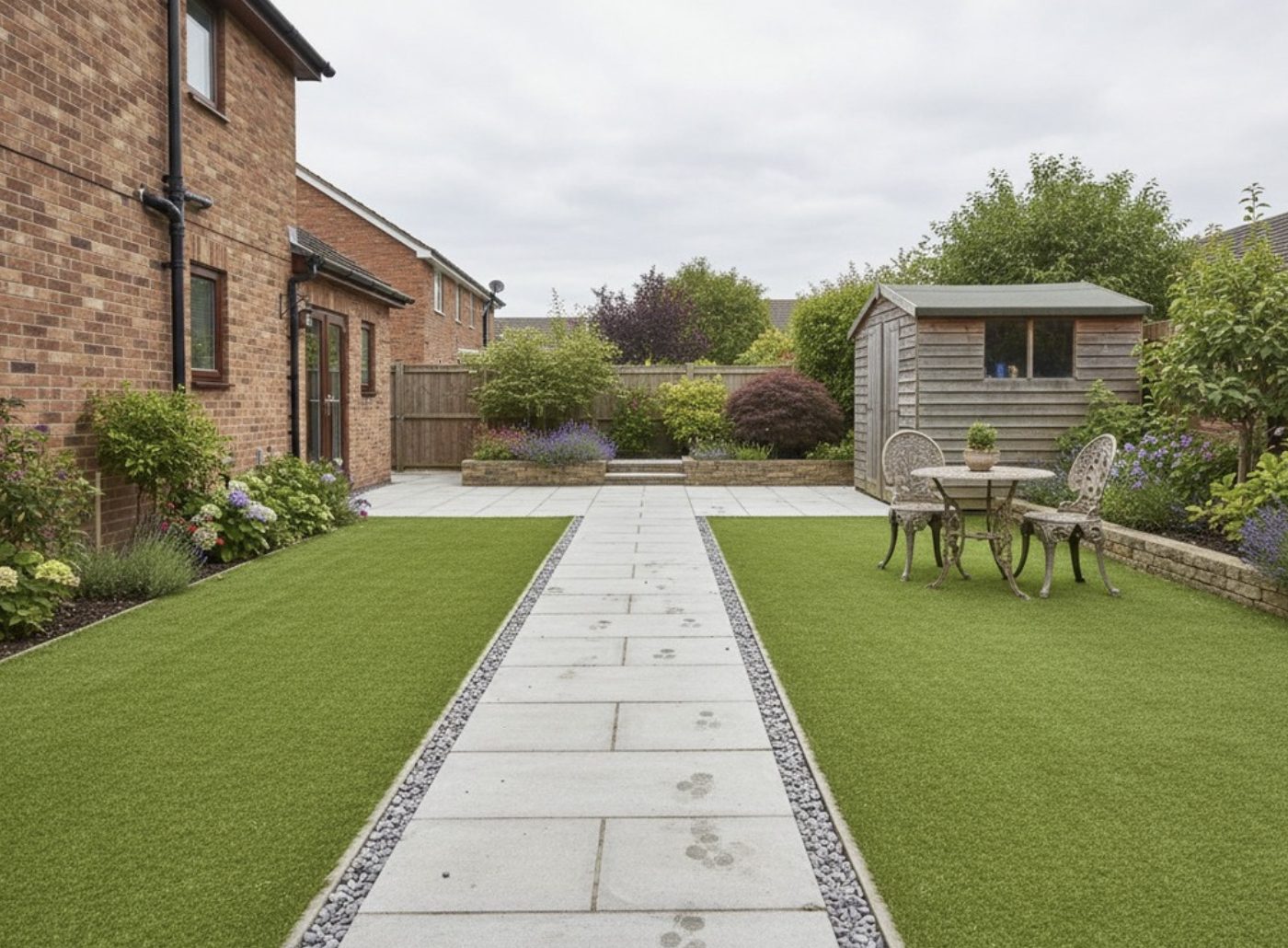 Paved path between two lawns with gravel margins and planted borders leading to a shed